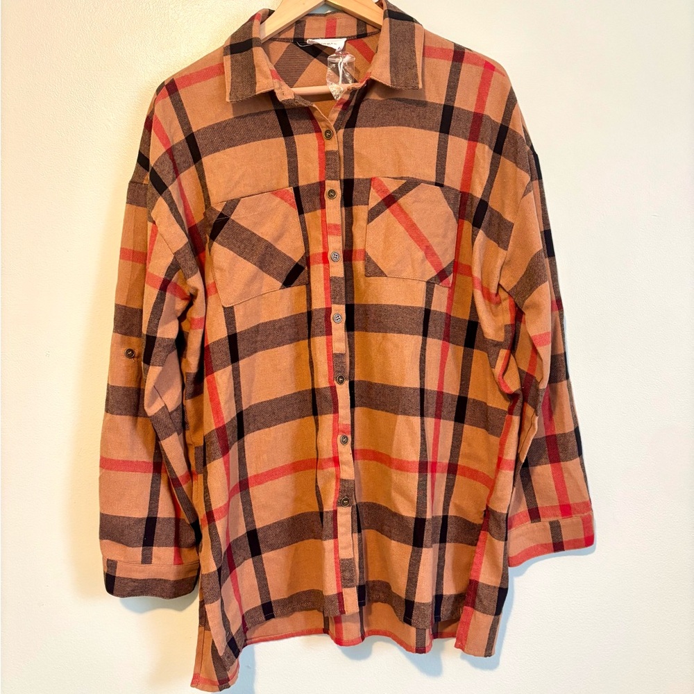 Andrée by Unit Plaid Button Down Shacket Top – Brown Red Black – Size L NWT